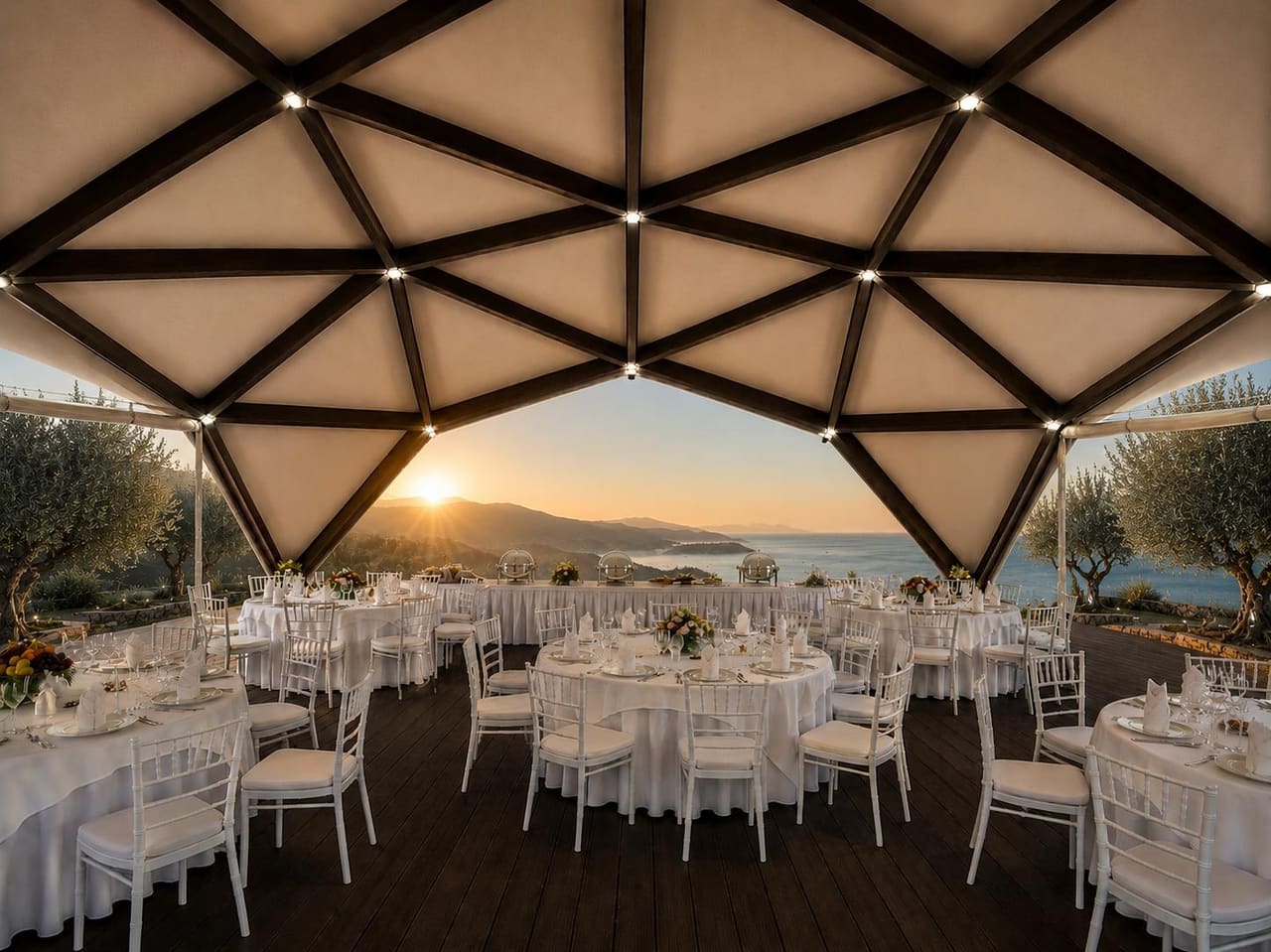 The Plaza laid for dinner: round tables under the timber roof, the sea and the sunset beyond.