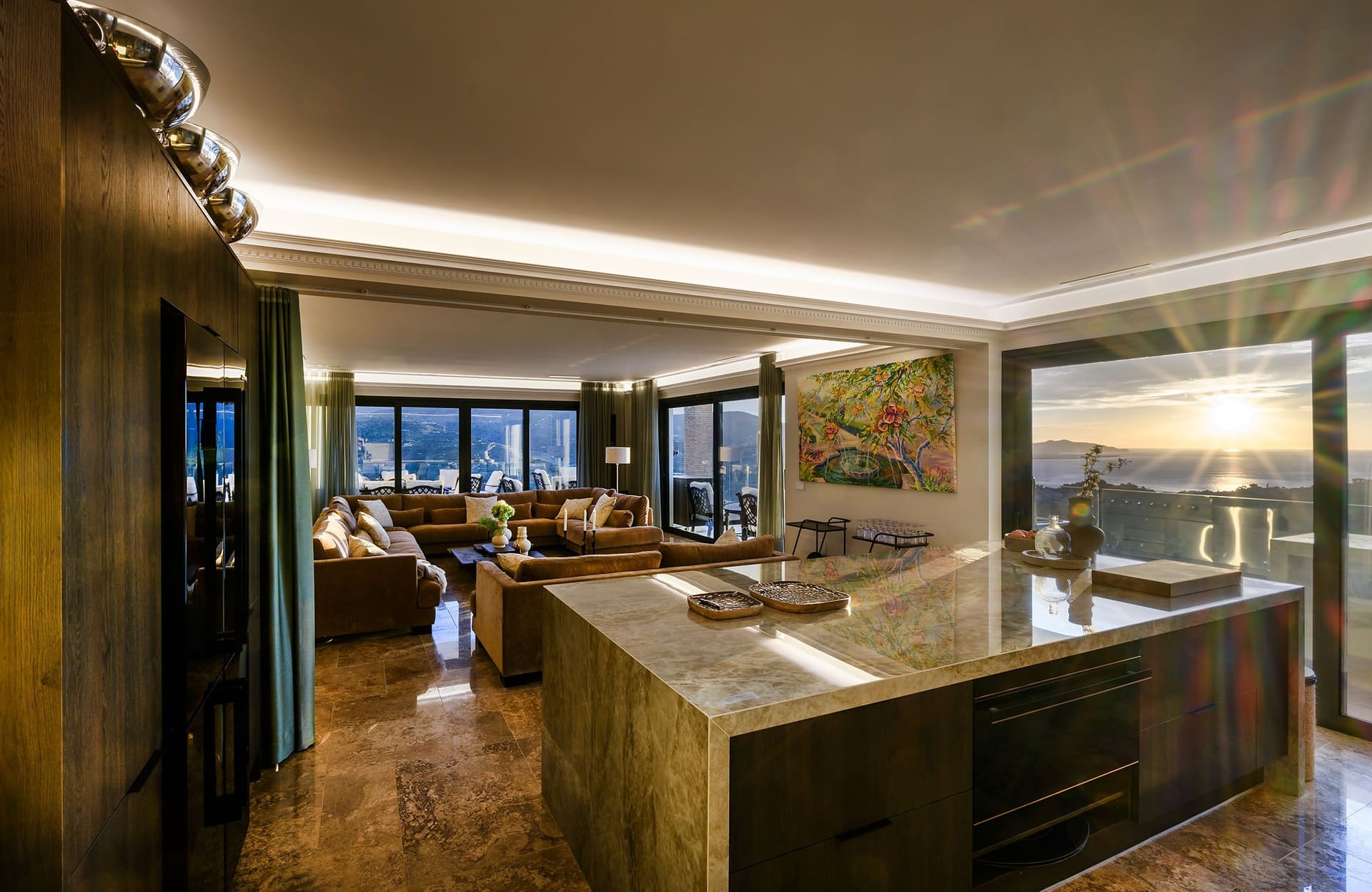 The kitchen at El Palacio with the sea view behind it.