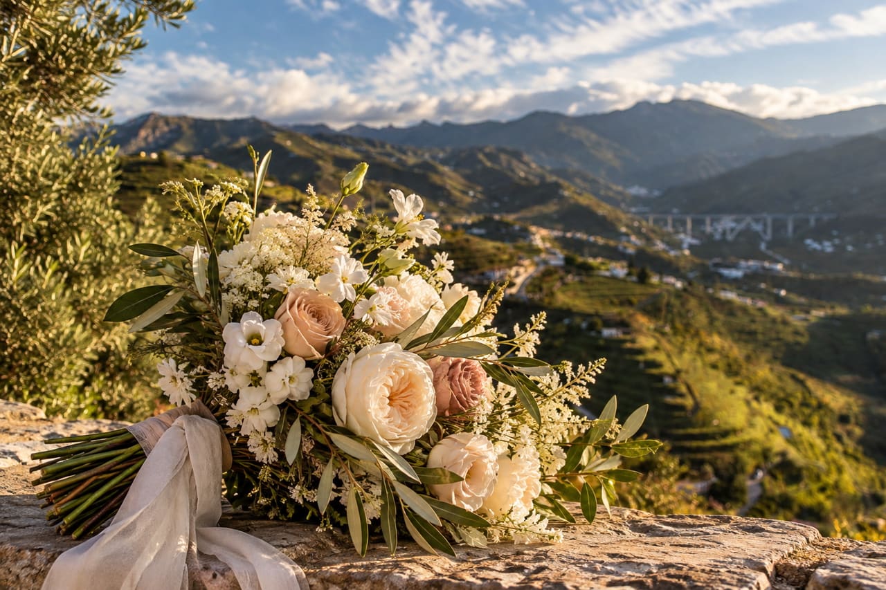 A bridal bouquet of roses and wild flowers resting on a rock, the mountains and valley behind.
