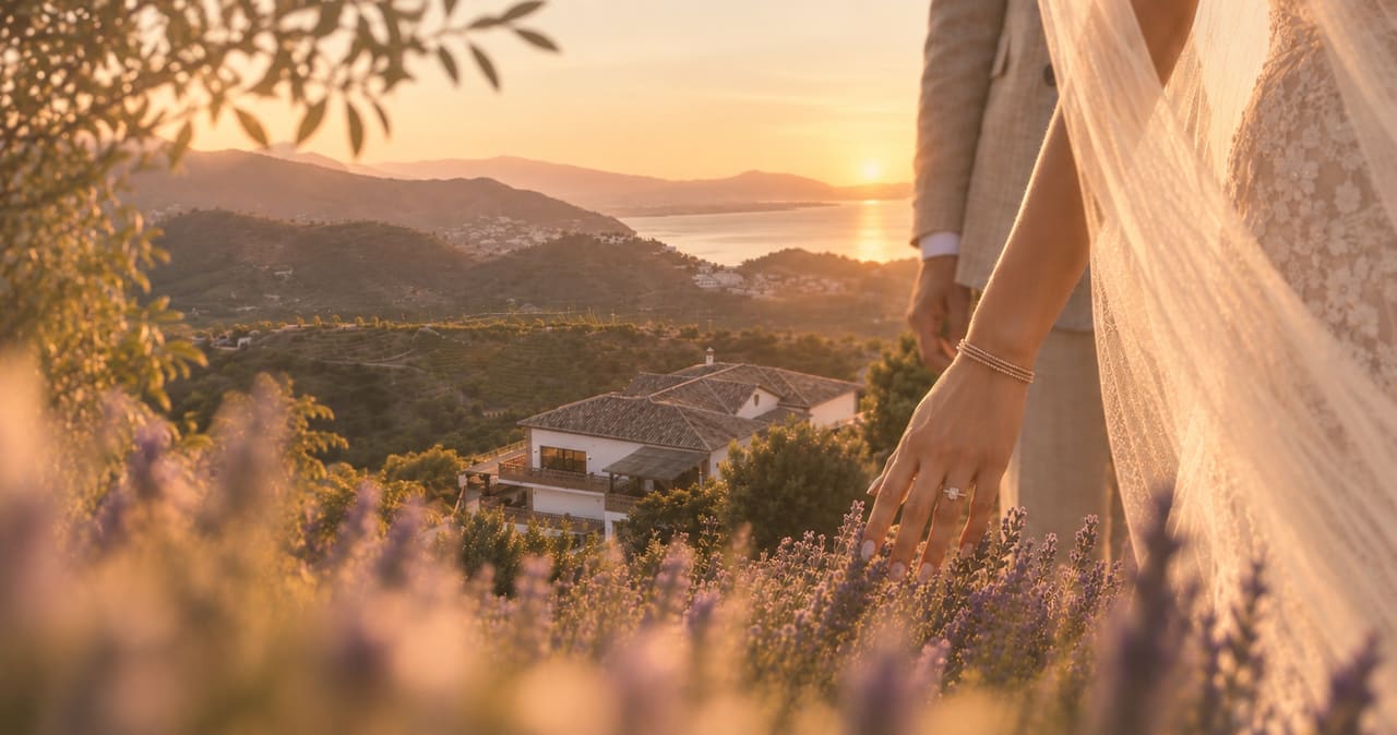 A couple in a field of lavender at sunset, El Palacio and the sea beyond.