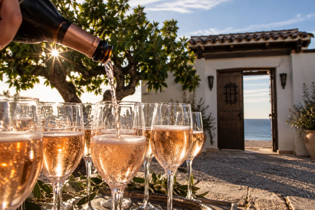 Rosé sparkling wine poured into glasses in the garden, a whitewashed doorway and the sea beyond.
